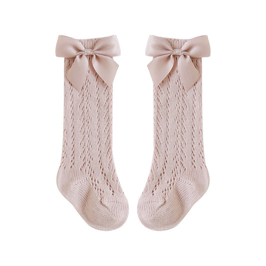 Baby calf socks in pink with bow