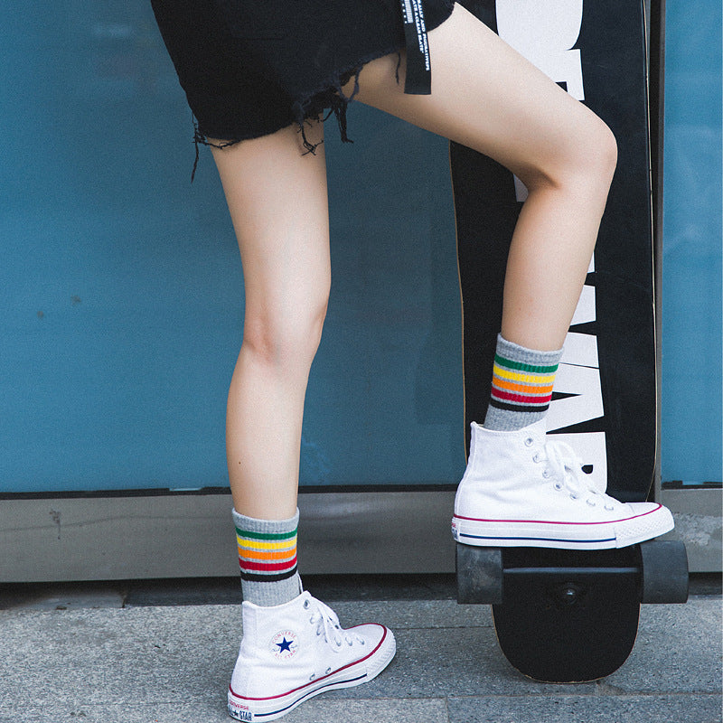 Retro Rainbow Crew Socks in Grey