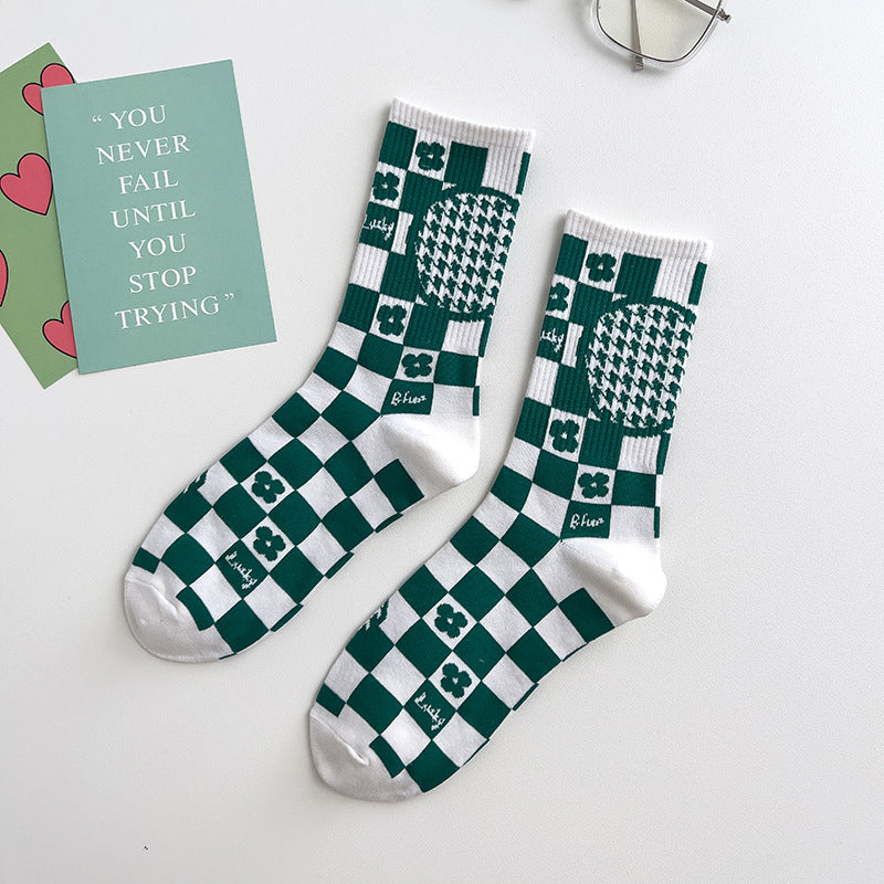 Vivid green Socks with green block in white colors