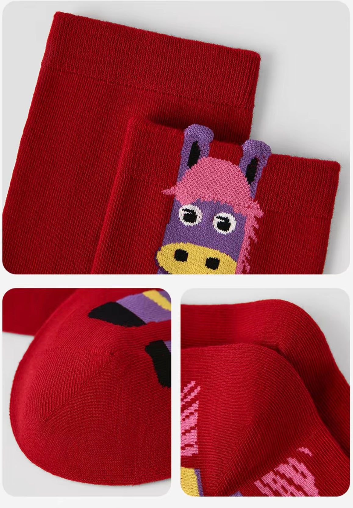 Year of Horse socks pack featuring three red socks with playful horse designs in purple, green, and pink